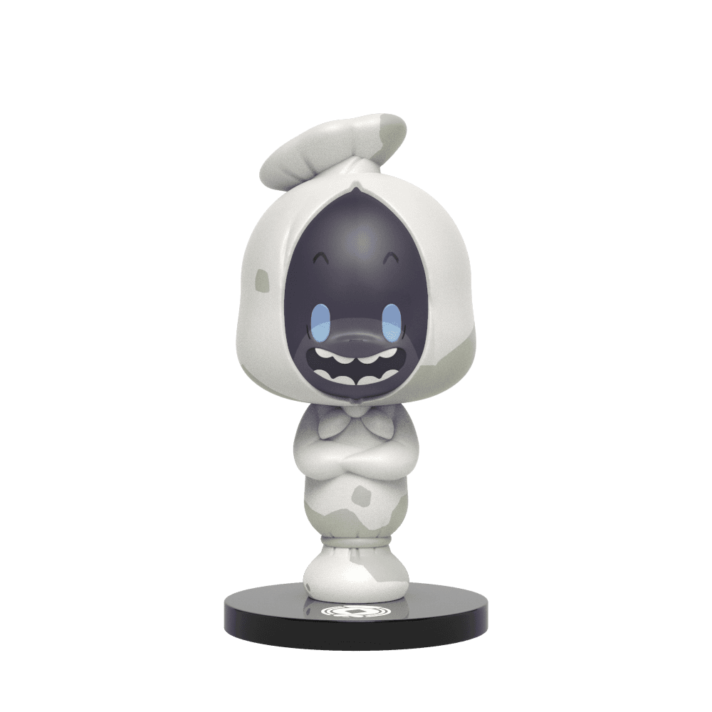 Freenzy Specimen 003 figure stands with arms crossed, featuring a sack-like head, glowing blue eyes, and toothy grin.