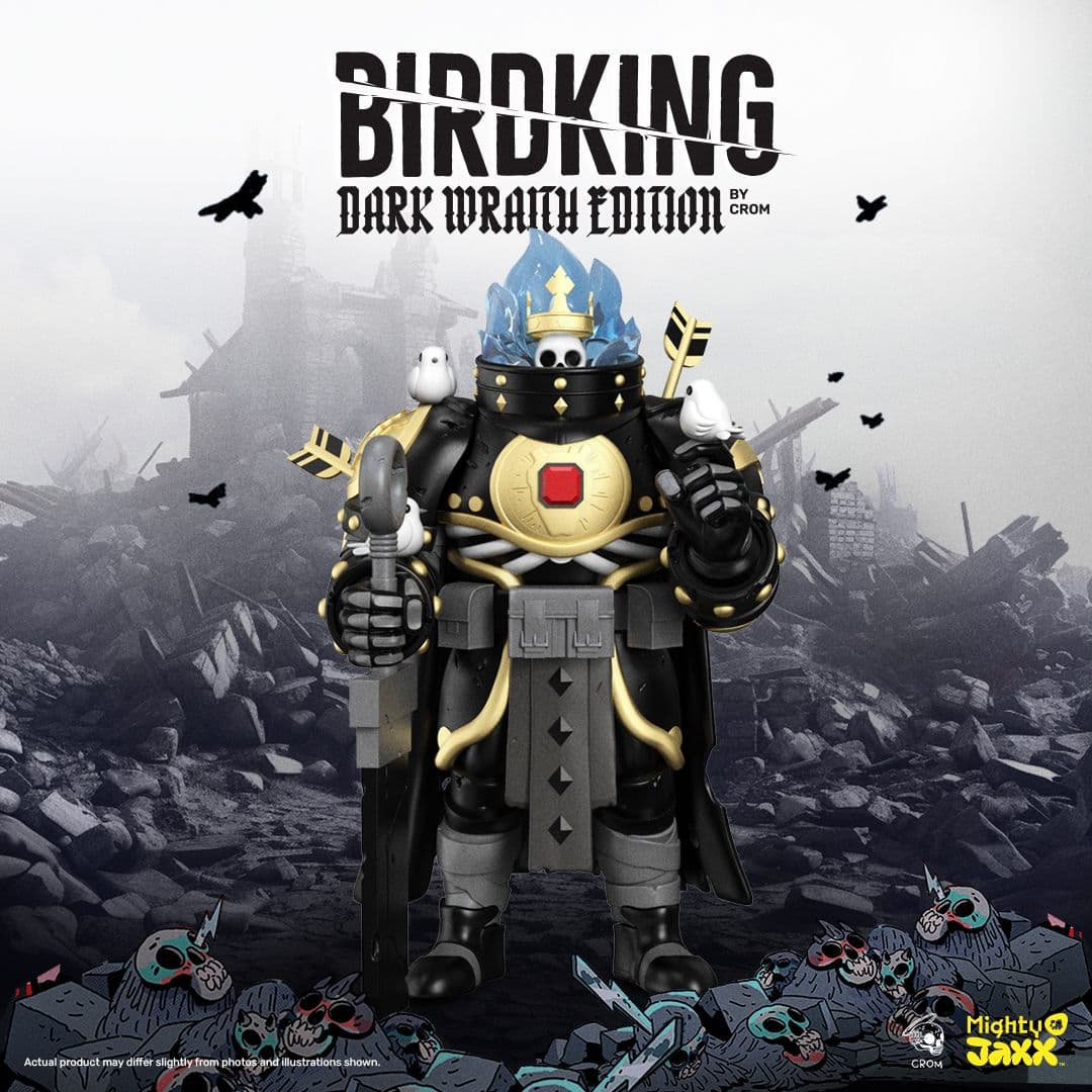 Bird King Dark Wraith Edition figure by CROM for Mighty Jaxx, standing amid ruins with birds and eerie cartoon skulls.