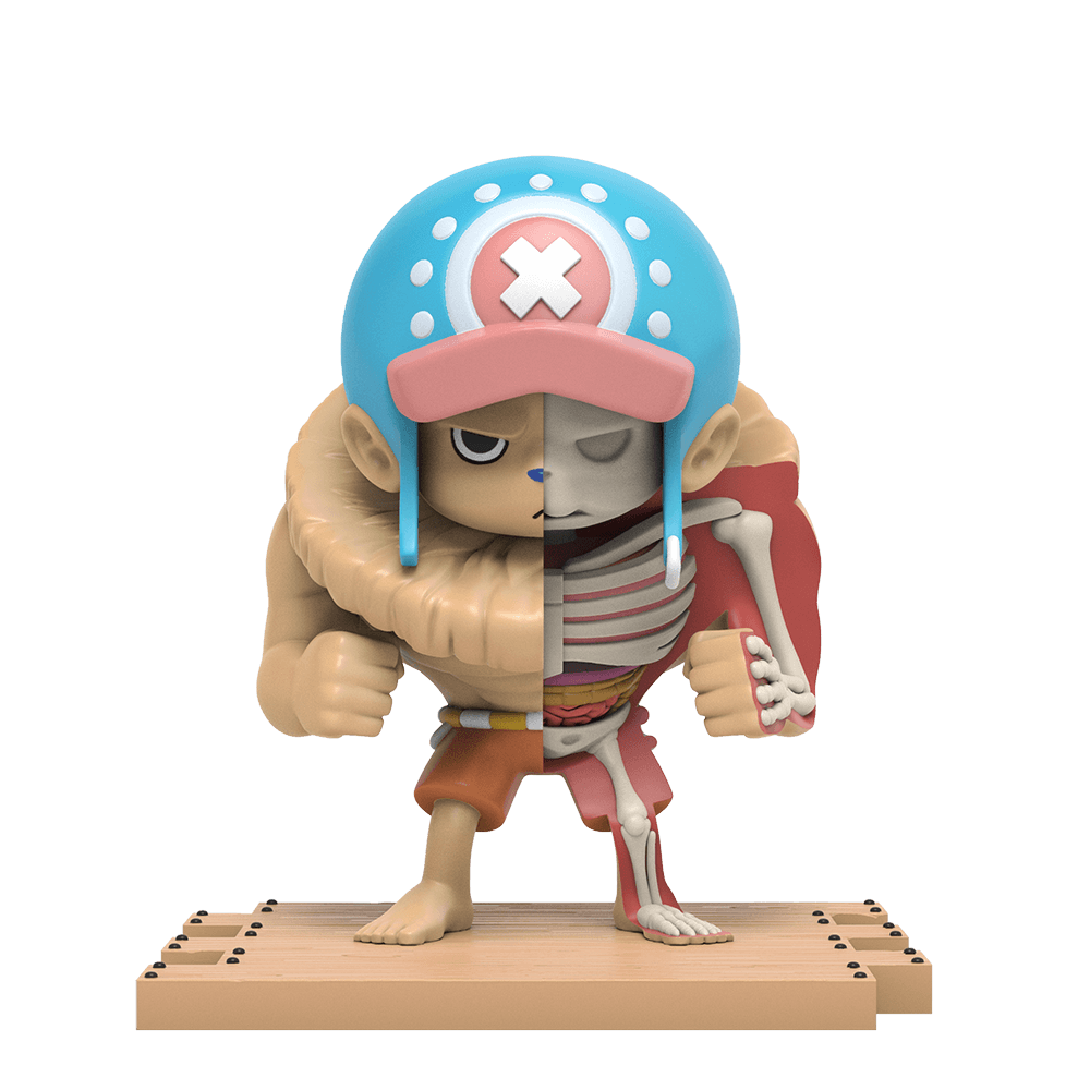 Muscular Chopper with fur collar and frowning face; right half shows skull, ribs, muscle, and bones.