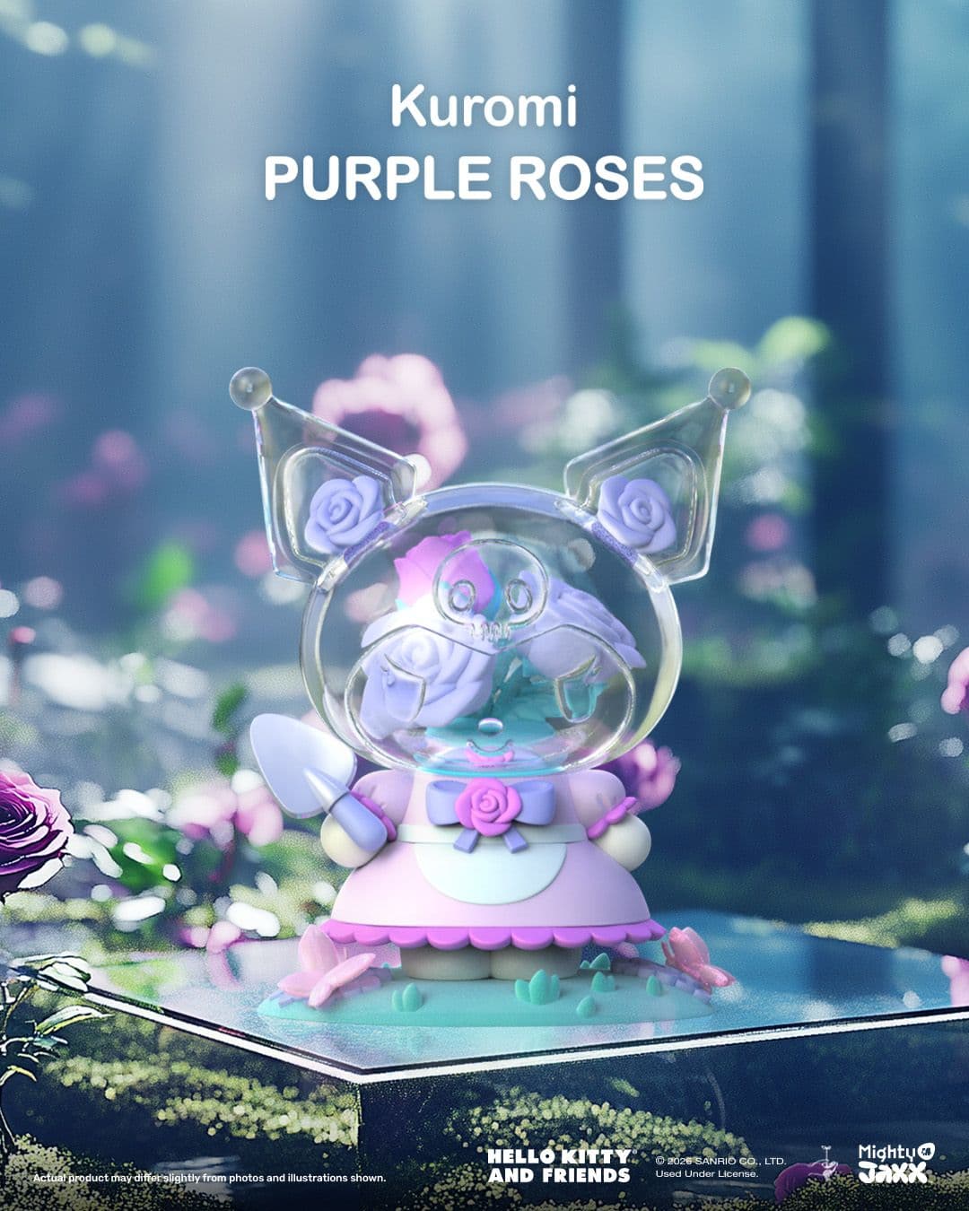 Kuromi Purple Roses figure from Mighty Jaxx, featuring a clear head filled with roses and holding a garden trowel.