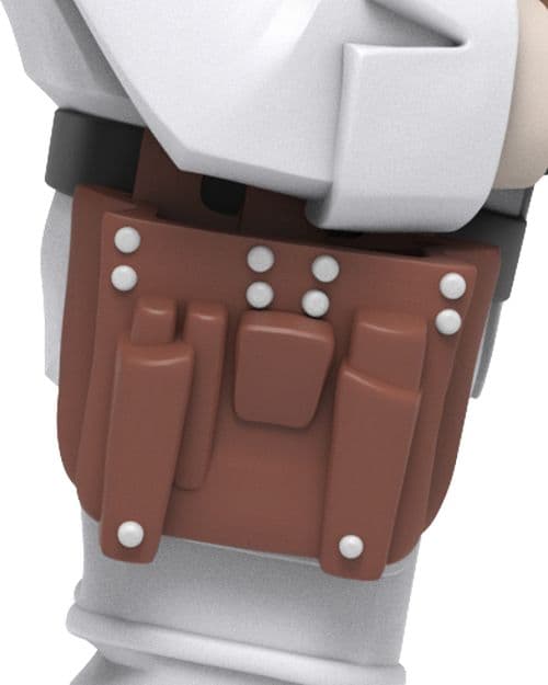 Close-up of a brown utility belt with pouches attached to Doc Brown’s white suit.