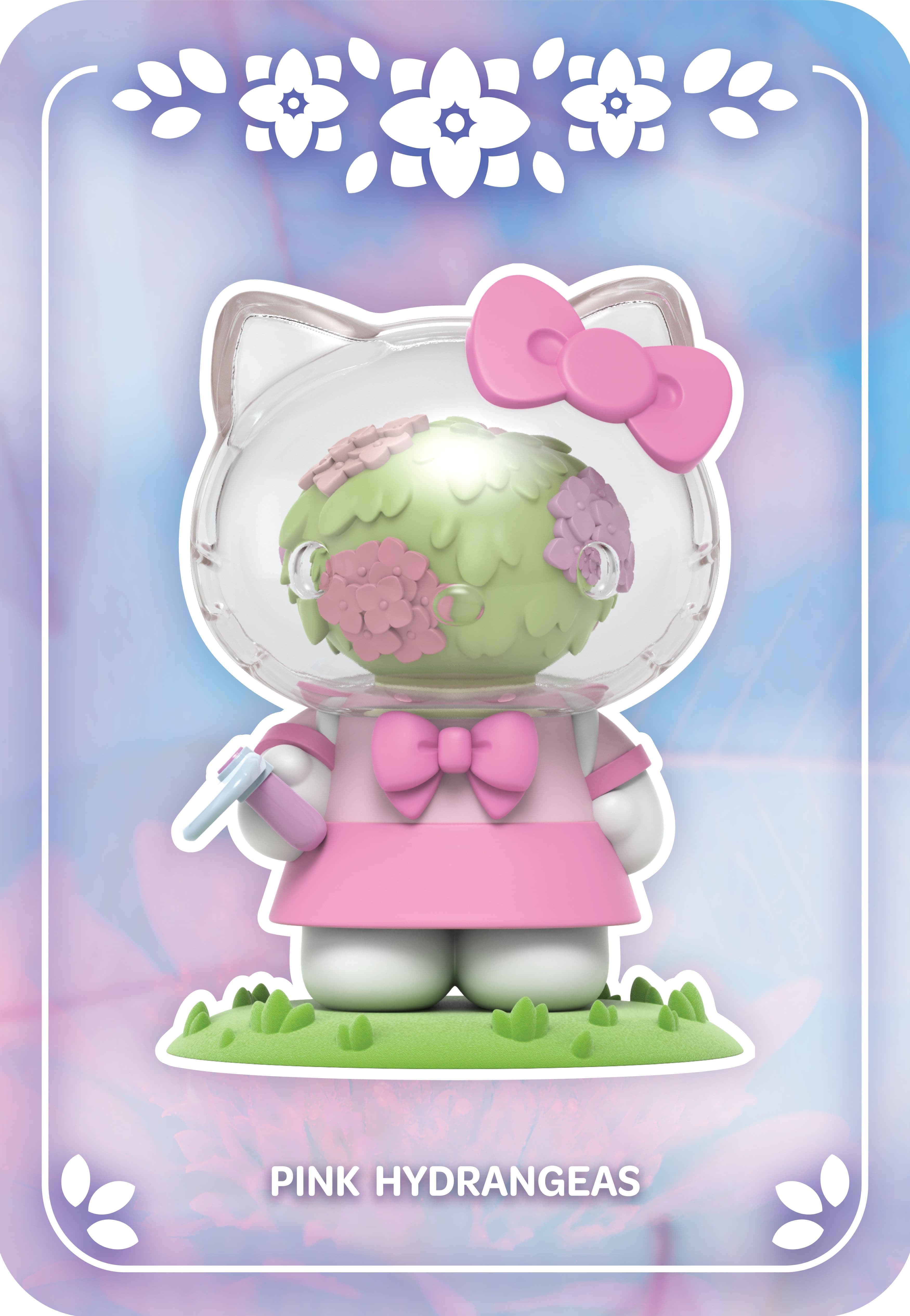 Hello Kitty with pink hydrangeas inside a clear head, wearing a pink dress with a bow and holding pruning shears.
