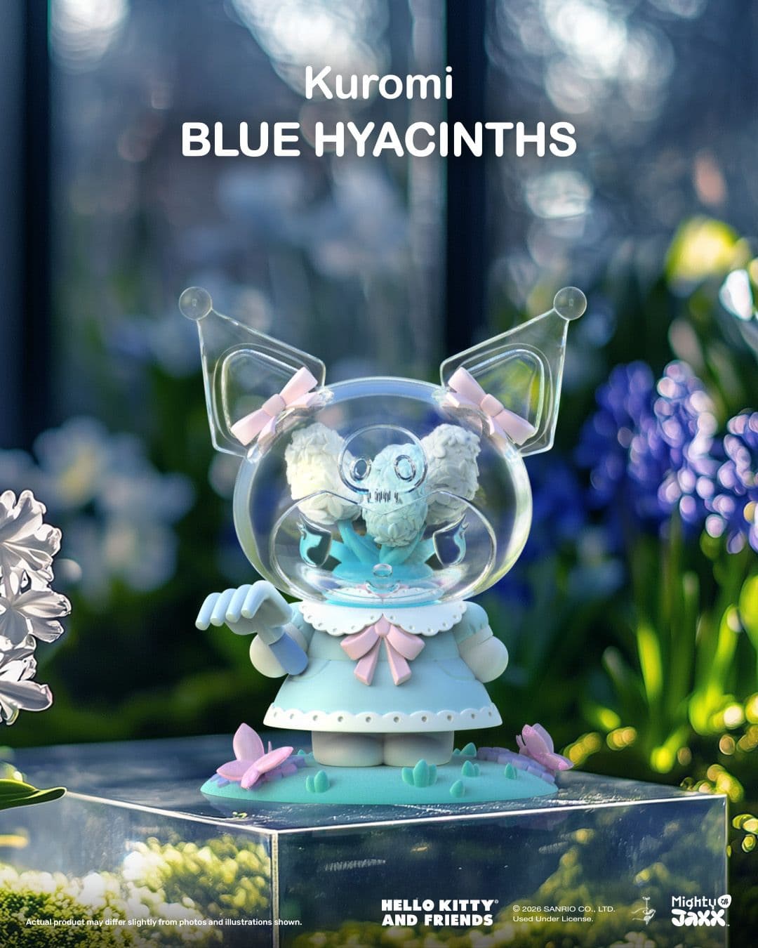 Mighty Jaxx Kuromi Blue Hyacinths figure, featuring a clear head filled with sculpted flowers and a pastel blue dress.