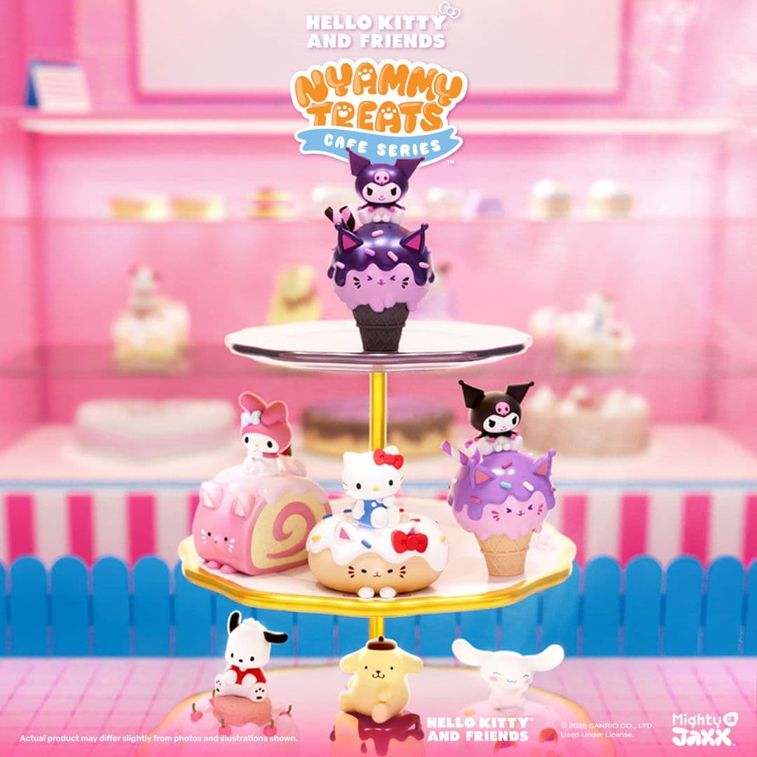 Hello Kitty and Friends Nyammy Treats Cafe Series figures by Mighty Jaxx displayed on a pink tiered dessert stand.