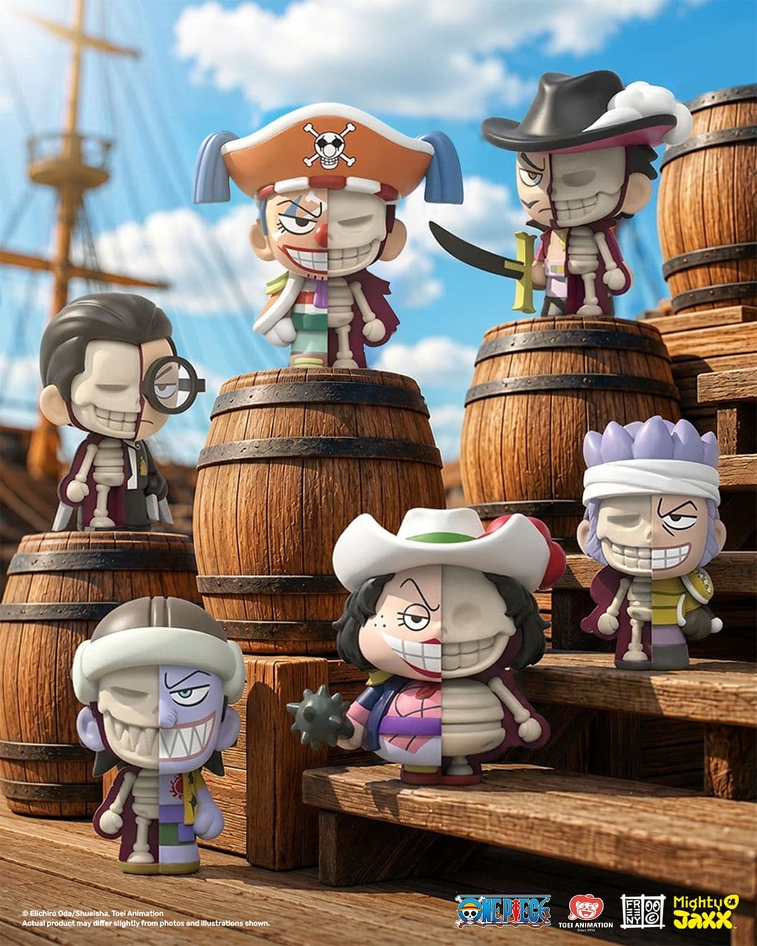Half-dissected Mighty Jaxx One Piece figures of Buggy, Mihawk, and other villains on a pirate ship deck with barrels.