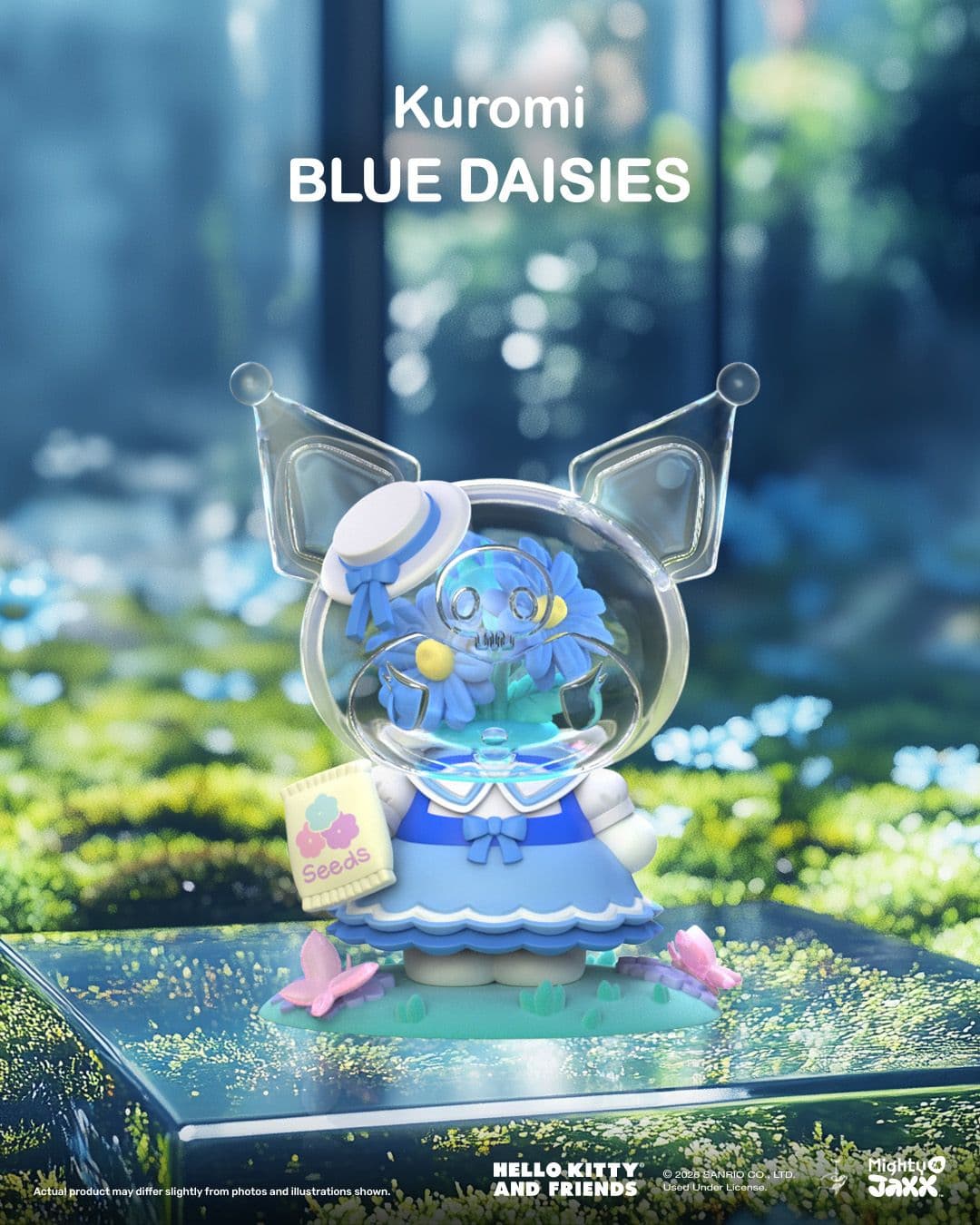 Kuromi Blue Daisies figure from the Azuma Makoto Sanrio series by Mighty Jaxx, showing flowers inside a clear head.