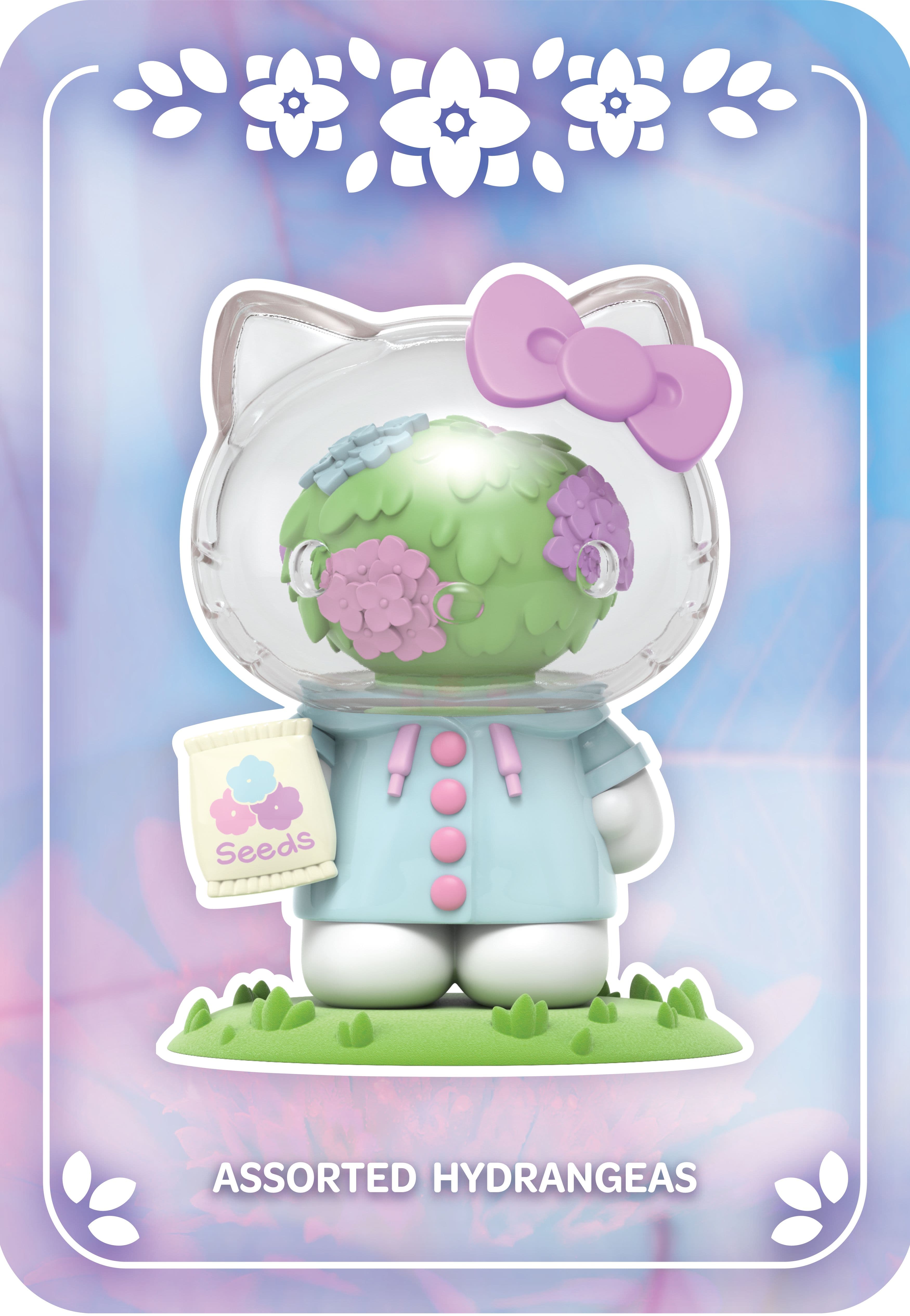 Hello Kitty with assorted hydrangea in a clear head, wearing a light blue coat and holding a seed packet.