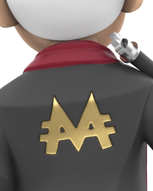 Close-up of Mr. Monopoly’s robe back featuring a gold dollar symbol motif and cane resting on his shoulder.