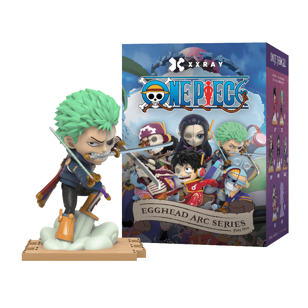 Zoro figure, half skeletal, in a fighting stance and holding a sword in each hand while biting down on another in his mouth.