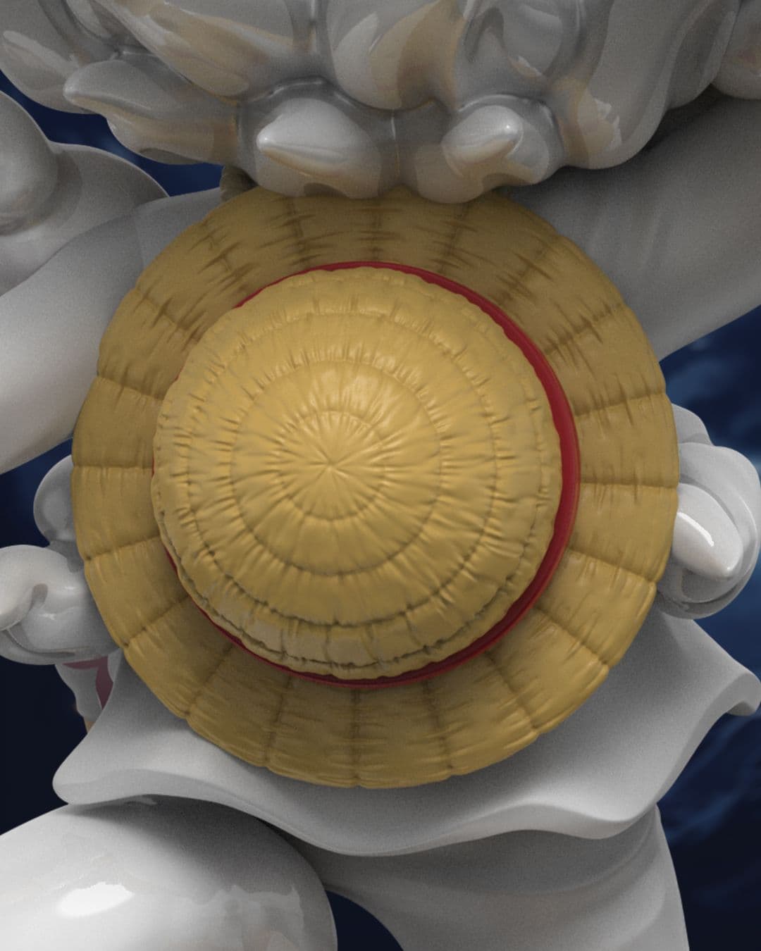 Close-up of the XXRAY+ Luffy Gear 5 figure featuring the textured straw hat on his back in Freeny’s dissected style.