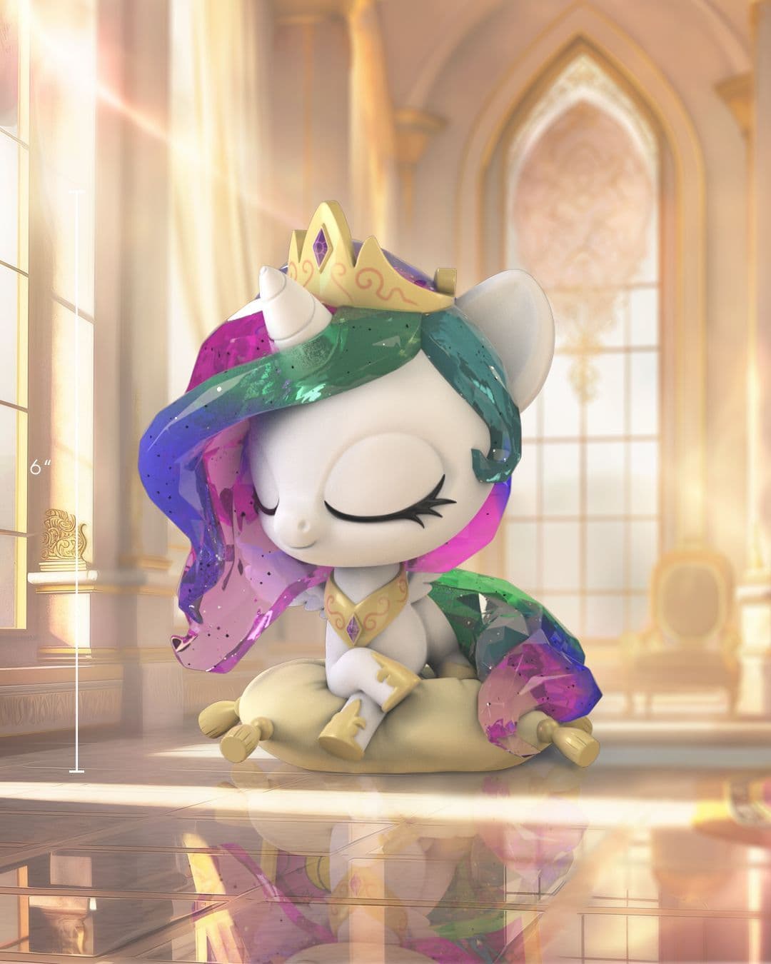 Princess Celestia sits on a gold pillow with kwistal hair and crown, in a sunlit golden hall with tall arched windows.