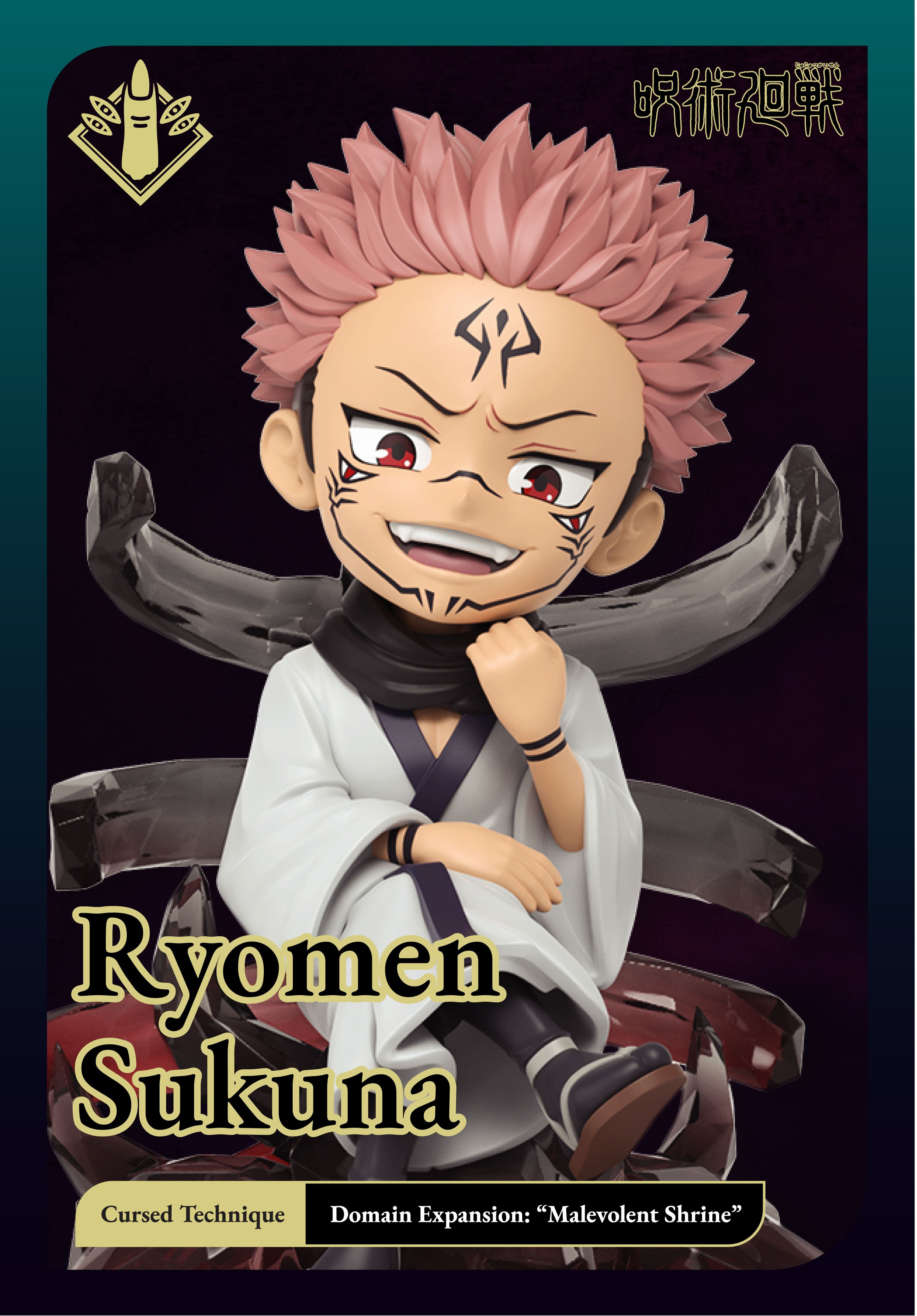 Ryomen Sukuna Kwistal Jujutsu Kaisen blind box collectible figure seated menacingly, radiating cursed energy power.