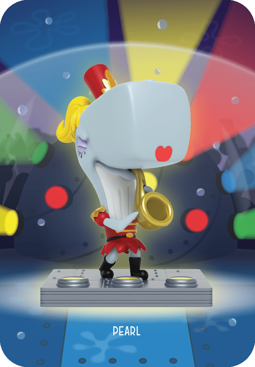 Pearl Krabs Band Geeks blind box collectible figure elegantly playing the saxophone in her red marching uniform.