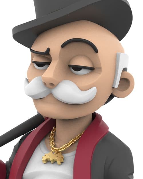 Close-up of Mr. Monopoly’s relaxed expression with top hat, white mustache, and gold necklace over his robe.