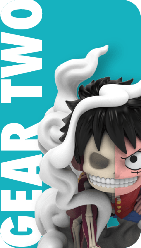 Gear Two Luffy figure, half normal half skeletal, leaning forward in attack pose with steam swirling around him