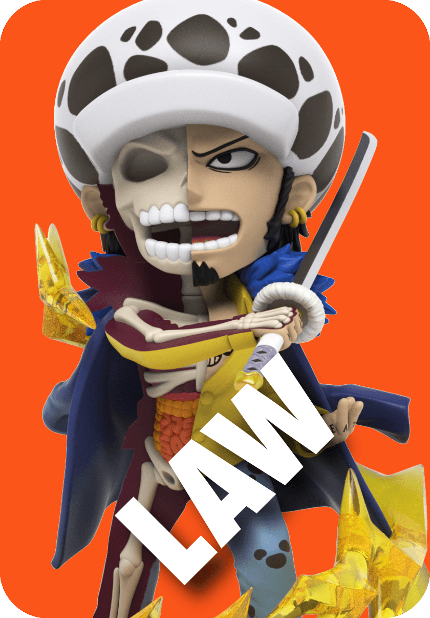 Law figure, half-skeletal, wearing spotted hat and yellow energy effect, holding sword against orange background.