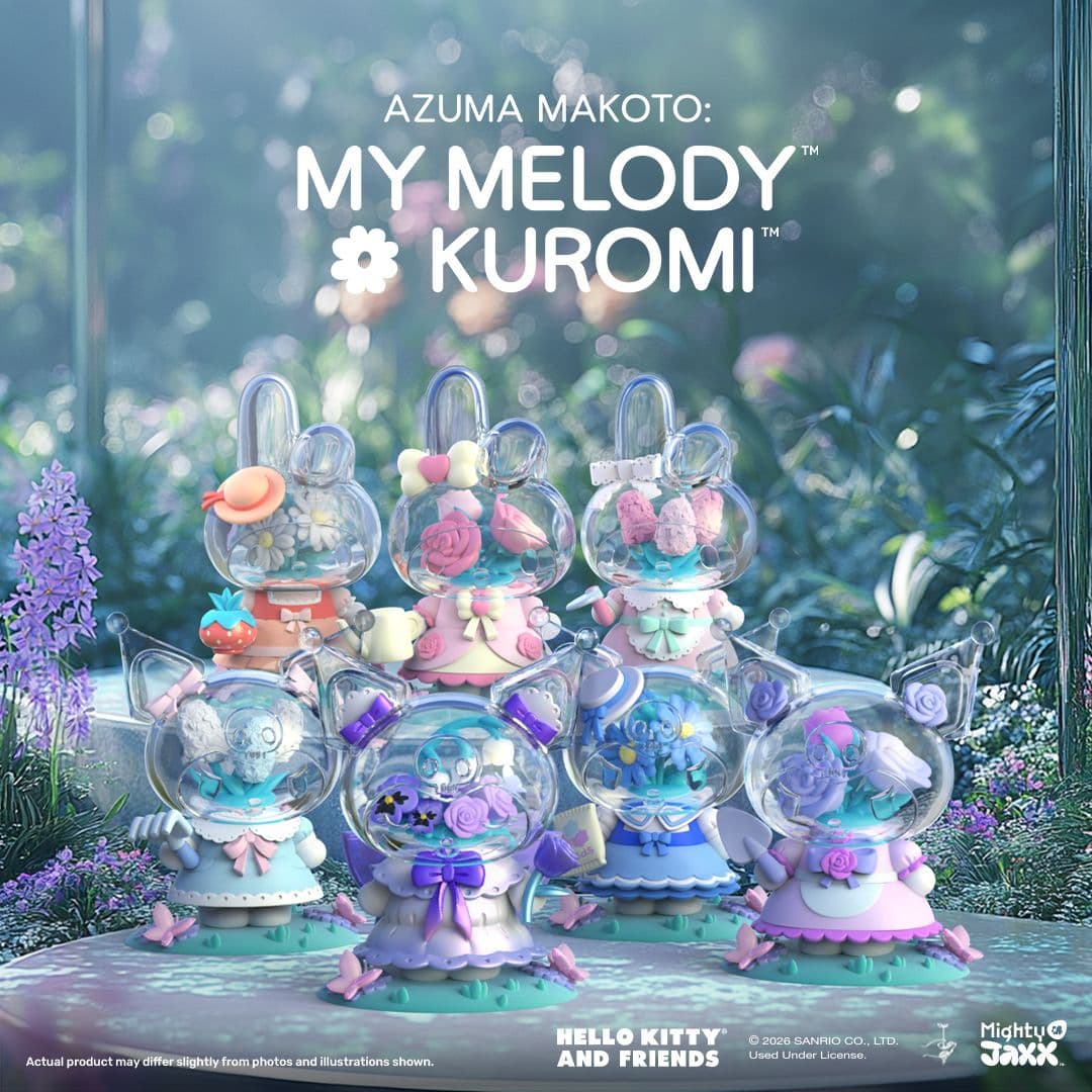 Mighty Jaxx Azuma Makoto My Melody and Kuromi collectible figures with clear heads filled with flowers in a garden.
