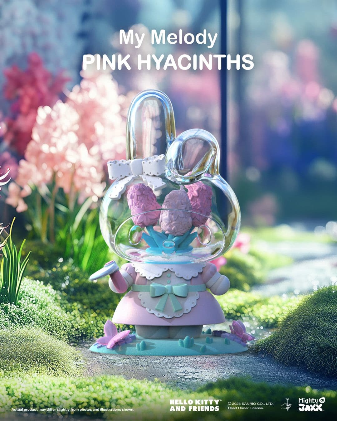 Mighty Jaxx My Melody Pink Hyacinths figure, wearing a pastel dress with a clear dome head containing pink flowers.