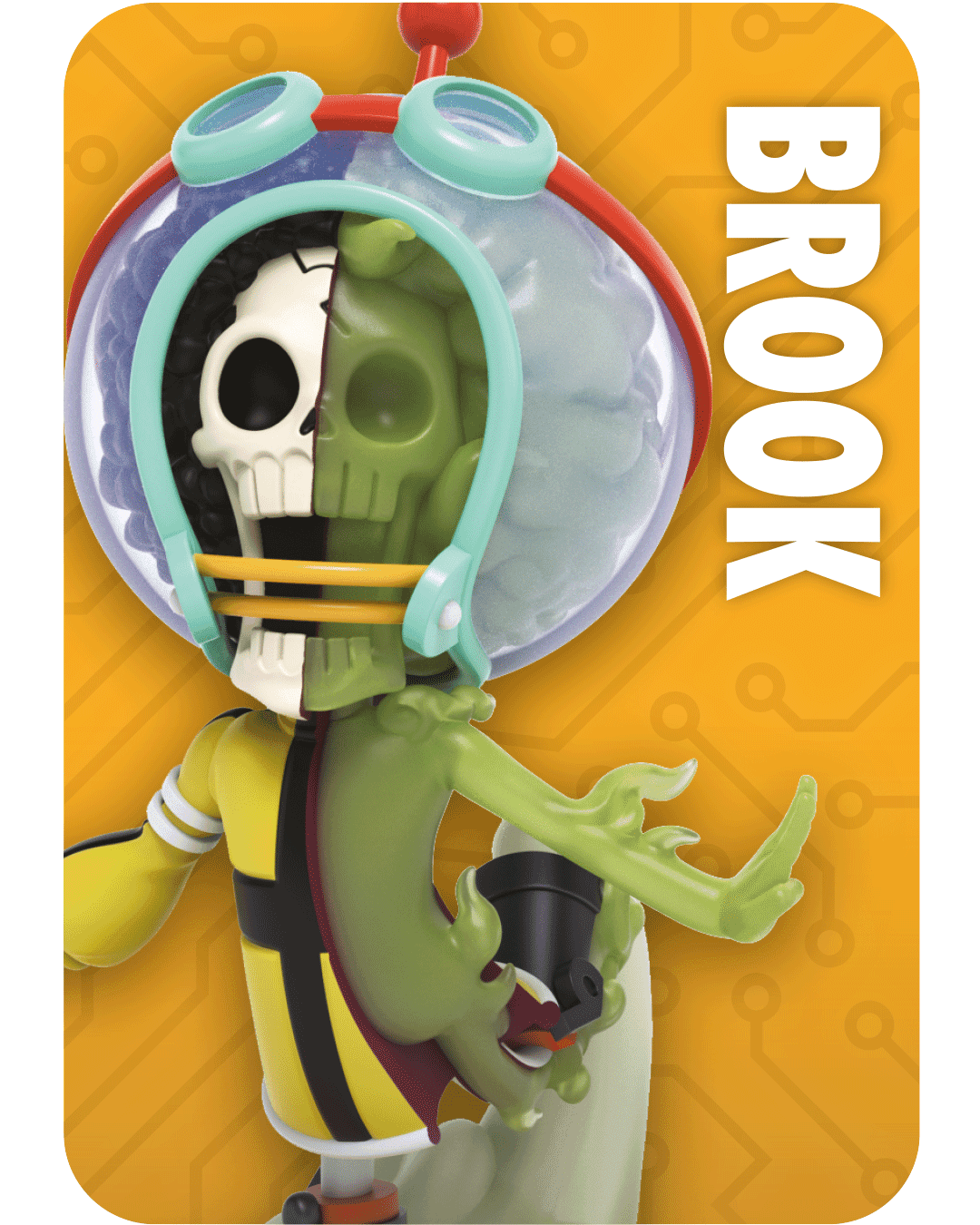 Brook figure from Mighty Jaxx, wearing a space helmet, half skull and half green zombie head design, yellow suit.