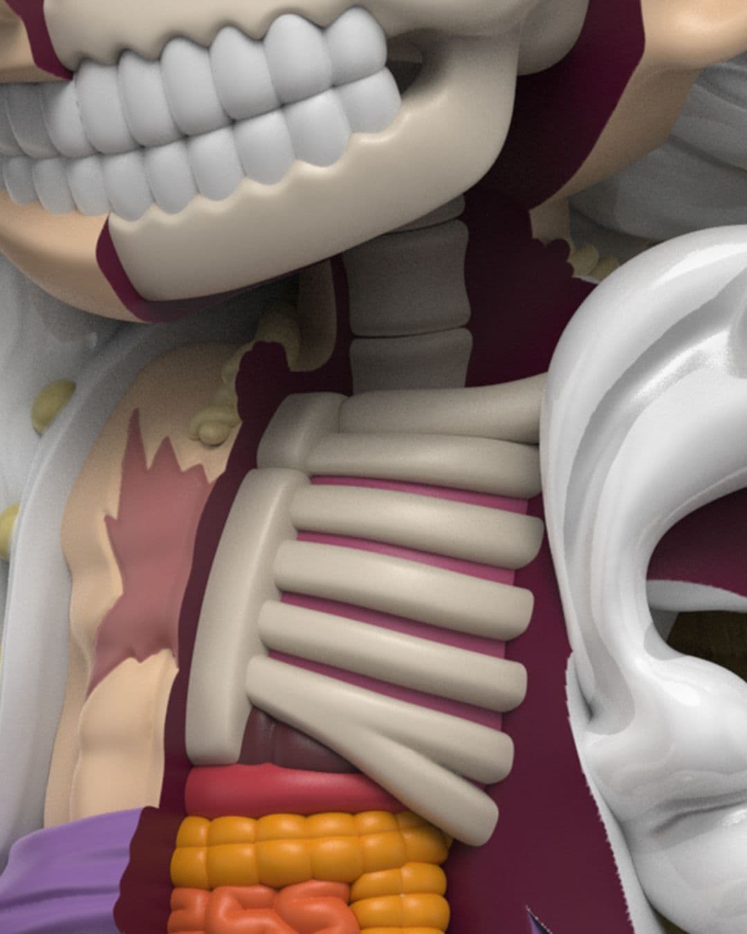 Close-up of the XXRAY+ Luffy Gear 5 figure showing Luffy's ribcage, spine, and organs in Freeny’s dissected style.