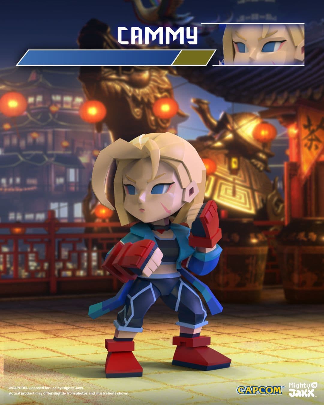 Cammy figure in blue outfit and red gloves and shoes, standing alert in a golden-lit lamp-filled courtyard.