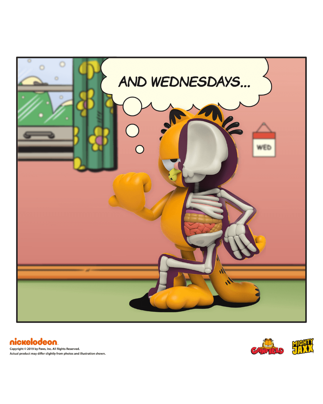 Garfield figure, half skeletal, standing with legs crossed, right arm up, thinking "AND WEDNESDSAYS" in a comic style room.