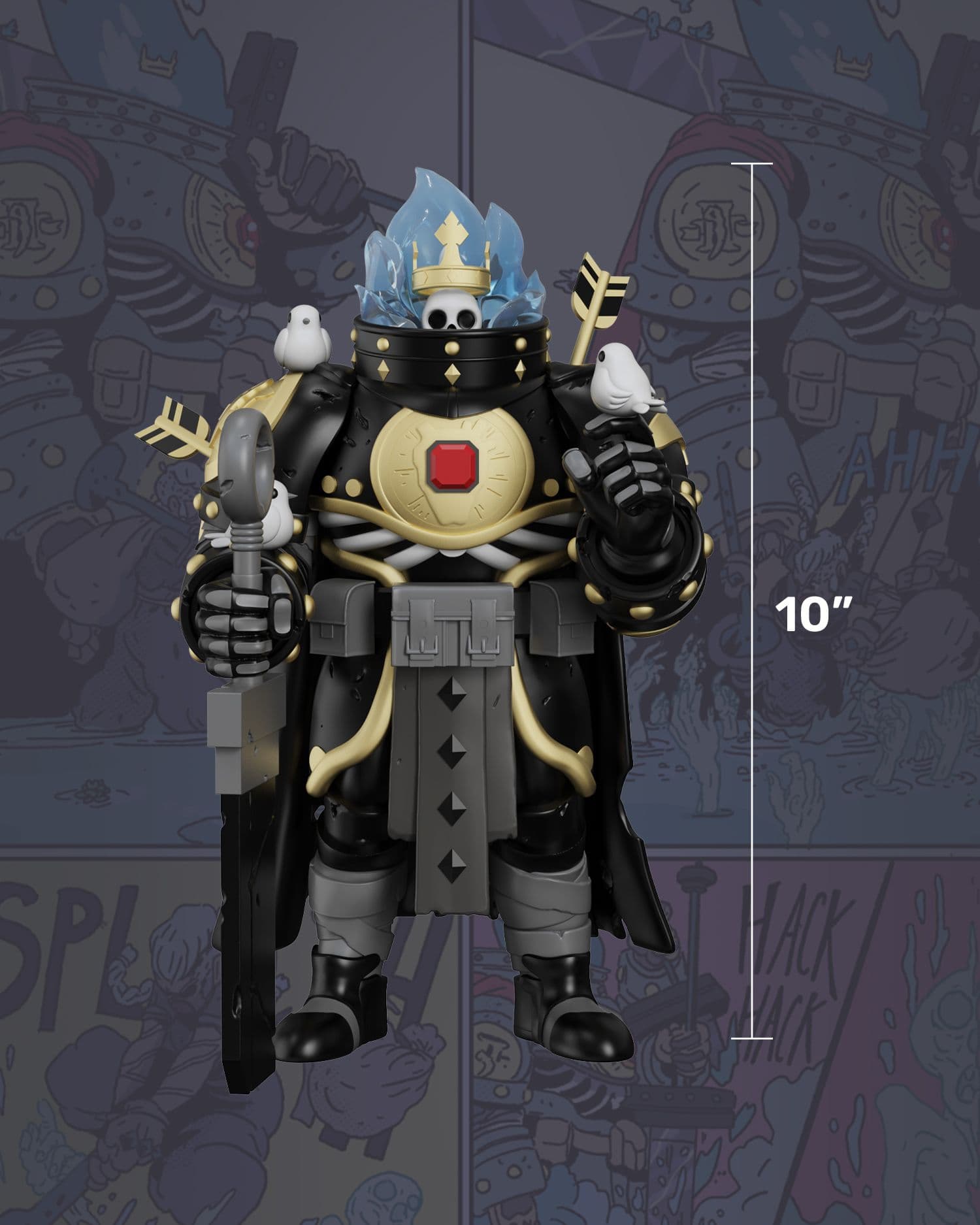 Full view of 10-inch Bird King figure with broadsword, gold details, and blue flame gold crown against comic-style background