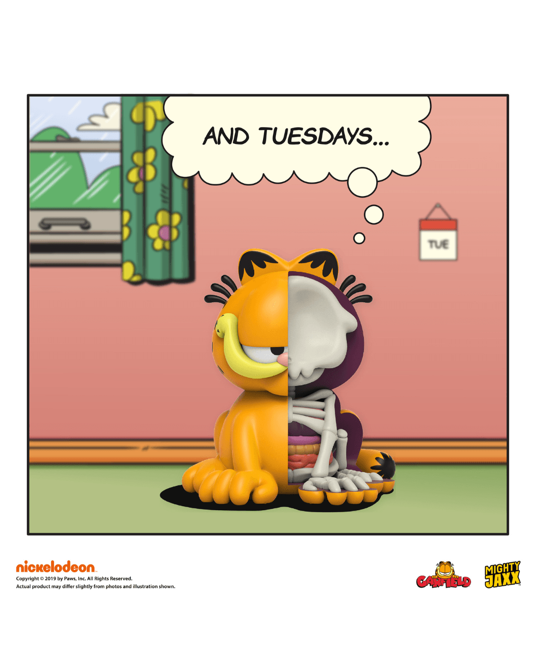 Garfield figure, half skeletal, sitting down with half lidded eyes and thinking "AND TUESDAYS...!" in a comic style room.