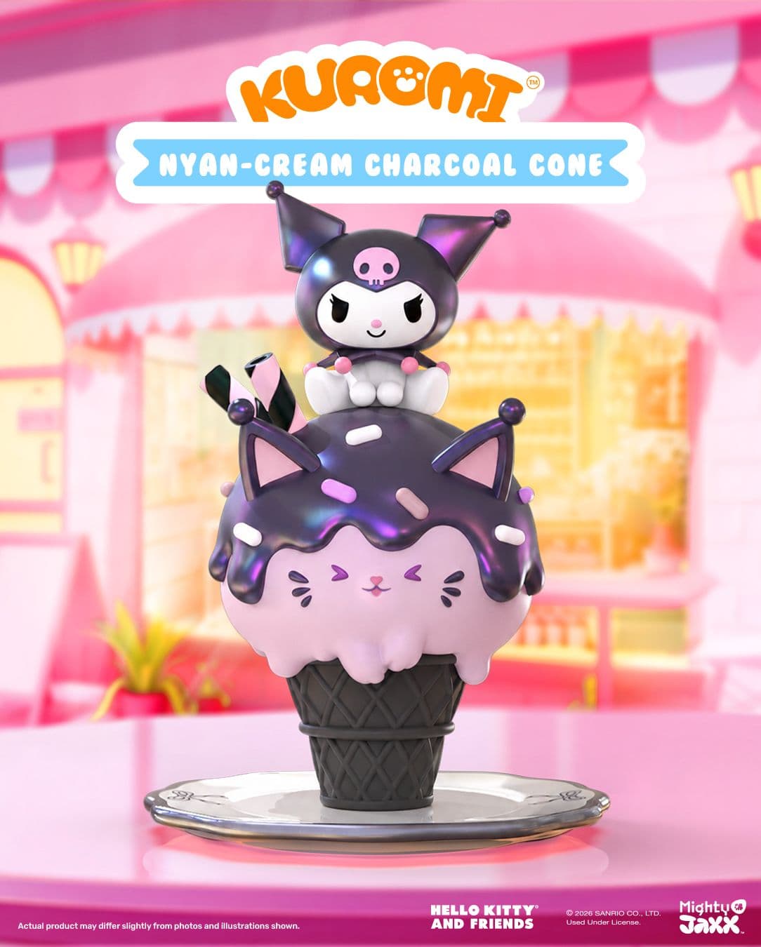 Kuromi Nyan-Cream Charcoal Cone figure by Mighty Jaxx, featuring Kuromi sitting on a cat-shaped scoop of pink ice cream.