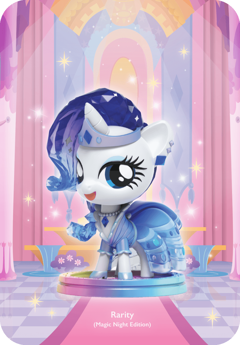 Rarity Magic Night Edition figure in shimmering blue gown with crystal details, and blue mane, posing in a pastel hall