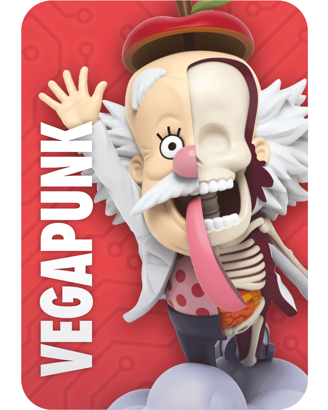 Vegapunk figure, half normal and half skeletal, wearing an apple hat and lab coat, waving with a surprised expression.