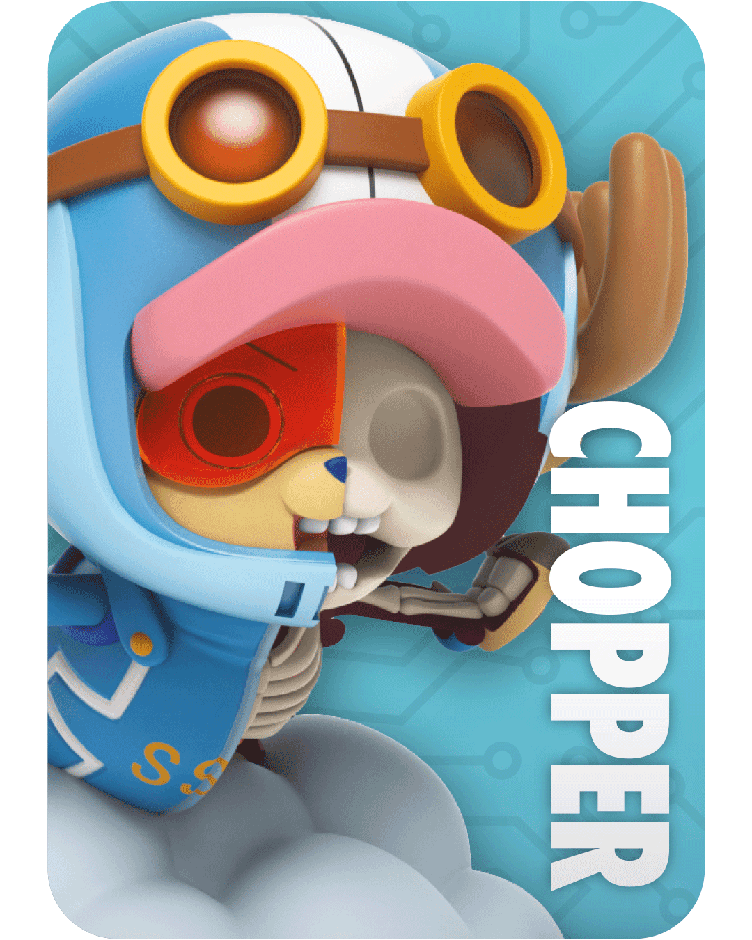 Chopper Anatomy figure from Mighty Jaxx, wearing a blue aviator helmet and goggles, with half his face showing a skeleton.