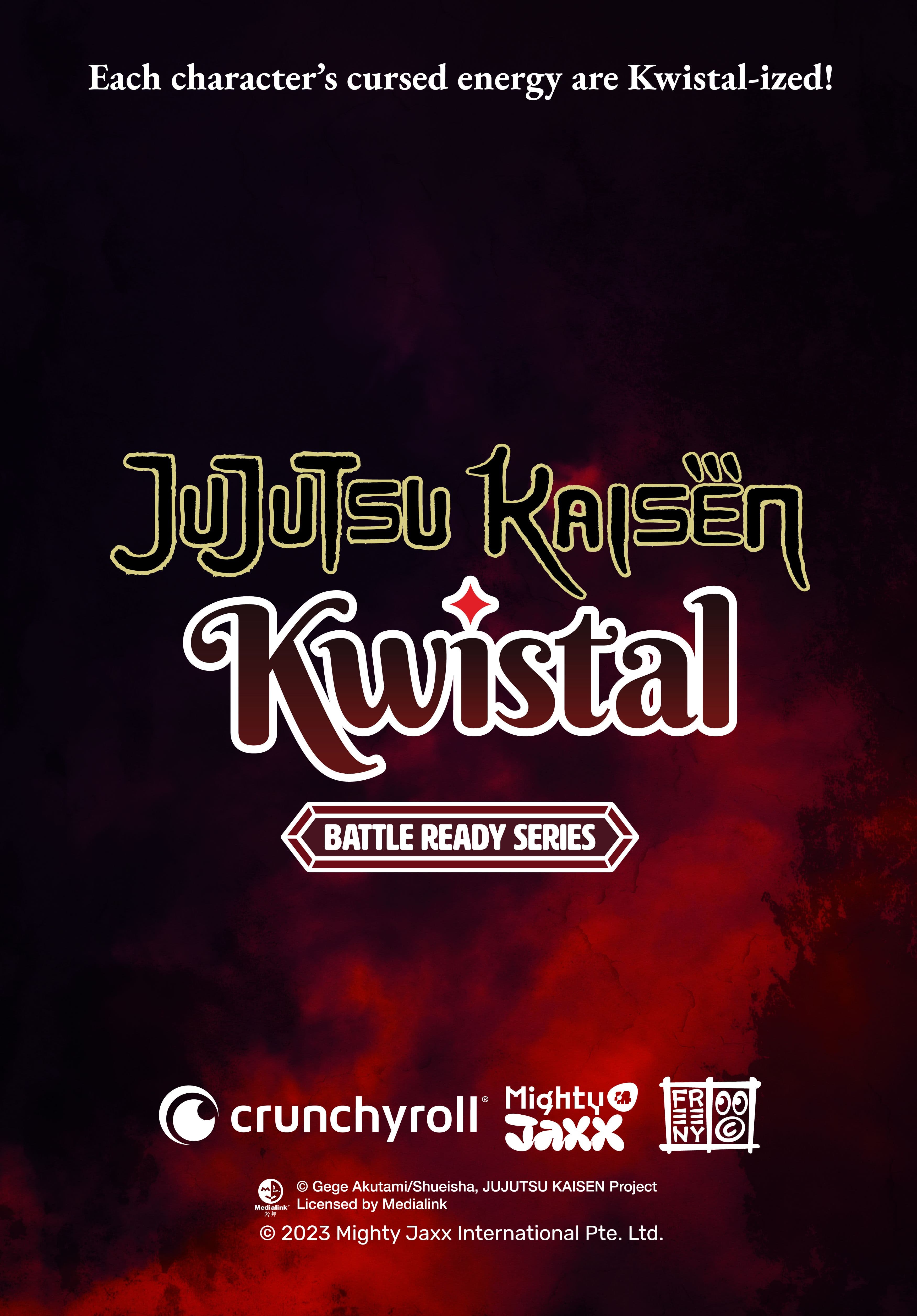 Jujutsu Kaisen Kwistal Battle Ready Series logo featuring stylized crystal text with Mighty Jaxx and Crunchyroll branding.