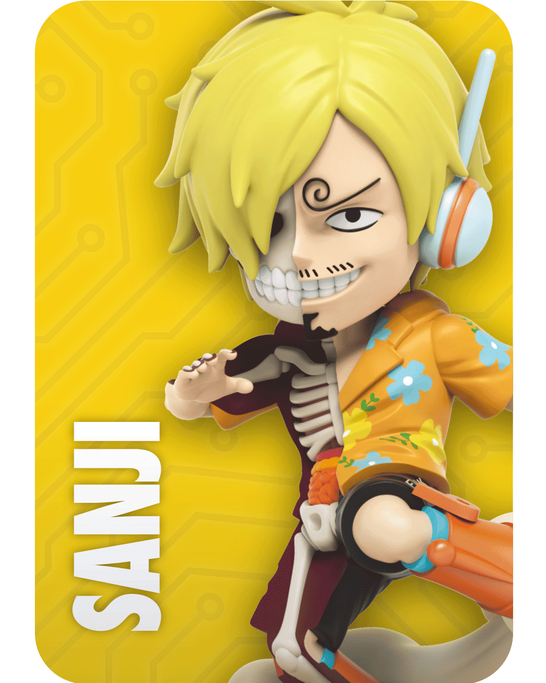 Stylized Sanji figure from One Piece, half human, half skeleton, wearing a floral shirt and headphones, in a running pose.