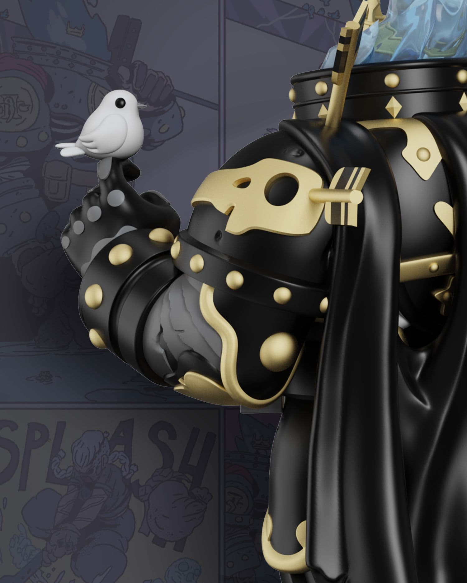 Side backview of Bird King’s black-and-gold cape, gold skull motif, and bird perched on raised hand.