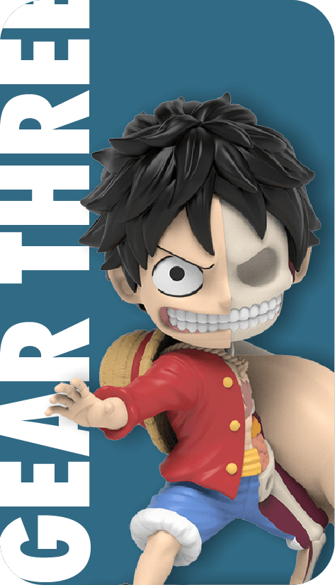 Gear Three Luffy figure, half normal half skeletal, in fighting stance with one arm stretched back ready to punch