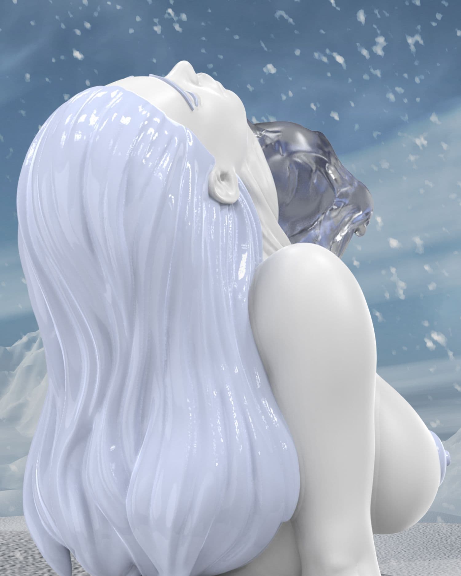 Close-up back view of female frost figure with icy bluish white hair with backward tilted head in a frozen landscape.