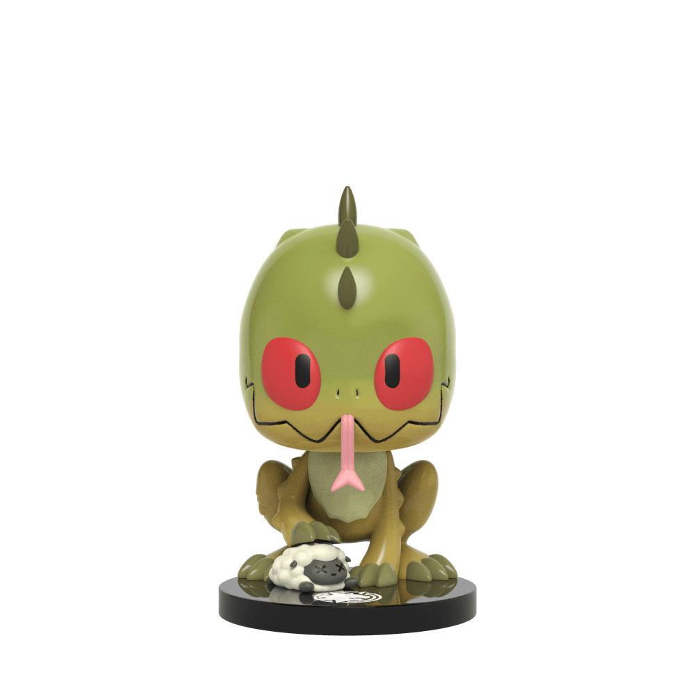 Lizard vinyl figure with red eyes and a pink tongue, crouching over a small, stylized sheep on a black base
