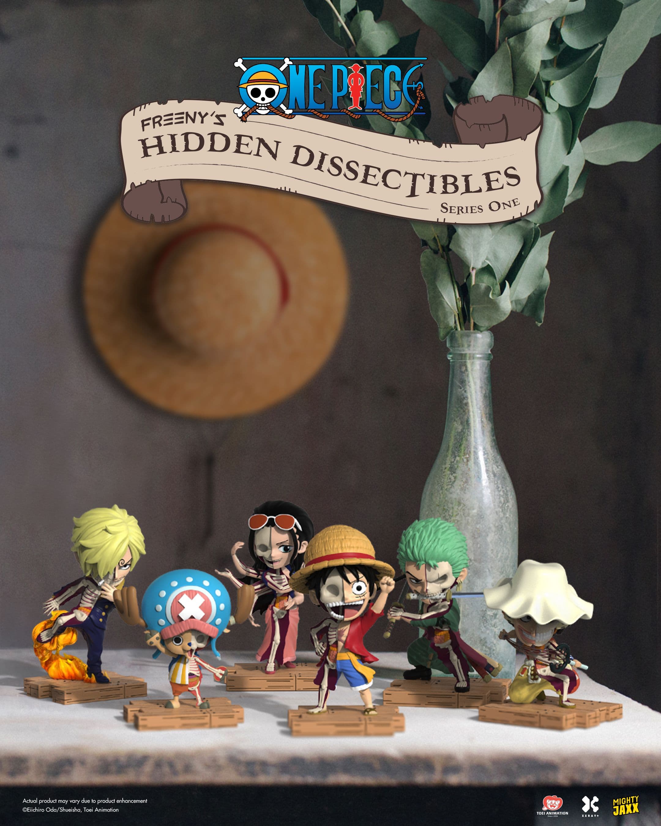 One Piece blind box collection display featuring non-chaser figures Luffy, Zoro, and Sanji arranged together.