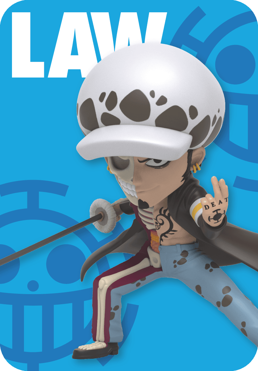 Law from One Piece figure, half skeletal, in a battle stance with one arm wielding a sword and the other in a taunting pose.