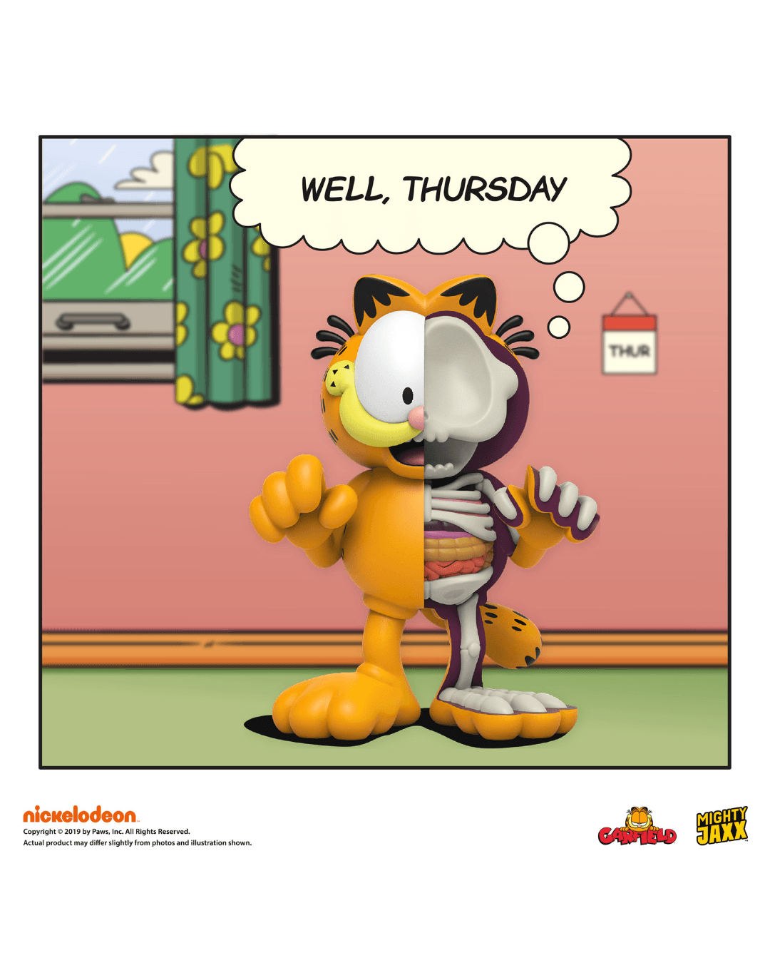 Garfield figure, half skeletal, arms halfway raised, triumph expression, thinking "WELL, THURSDAY" in a comic style room.