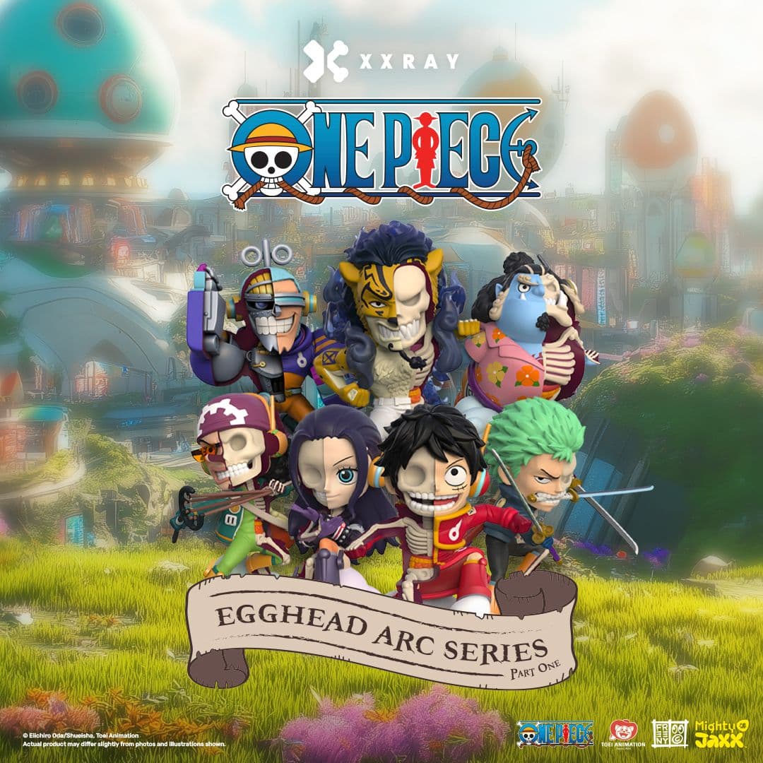 One Piece Egghead Part One by Mighty Jaxx featuring Luffy, Zoro, Robin, and other characters in a half-skeleton X-Ray style.