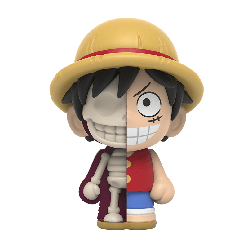 Mighty Jaxx One Piece Luffy figure, showing a half-skeleton dissection of the character Luffy in a mini size