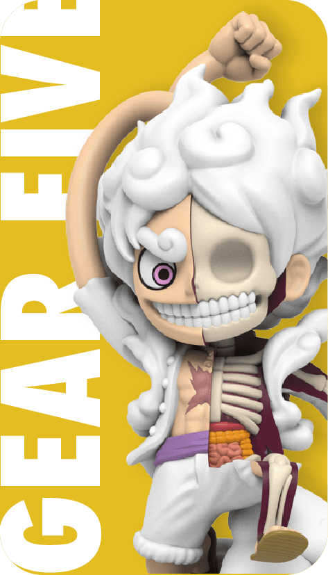Gear Five Luffy figure, half normal half skeletal, with curly white hair, grinning and raising one arm in a triumphant pose