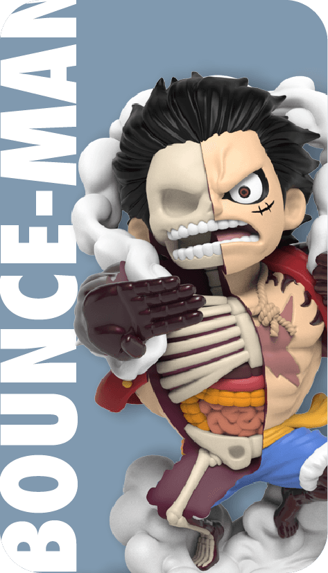 Bounce-Man Luffy figure, half skeletal, right hand reaching forward in attack pose, muscles flexed and steam swirling around