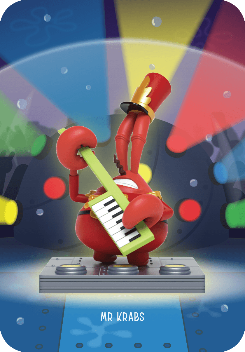 Mr. Krabs Band Geeks blind box collectible figure rocking out on a green keytar in marching band attire.