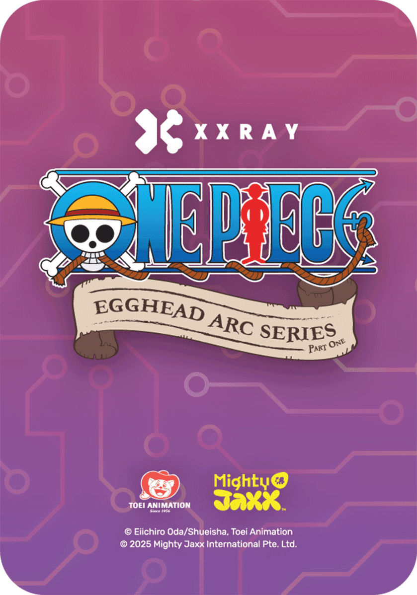 One Piece Egghead Arc Series Part One collectible figure design by Mighty Jaxx, featuring the One Piece logo and a scroll