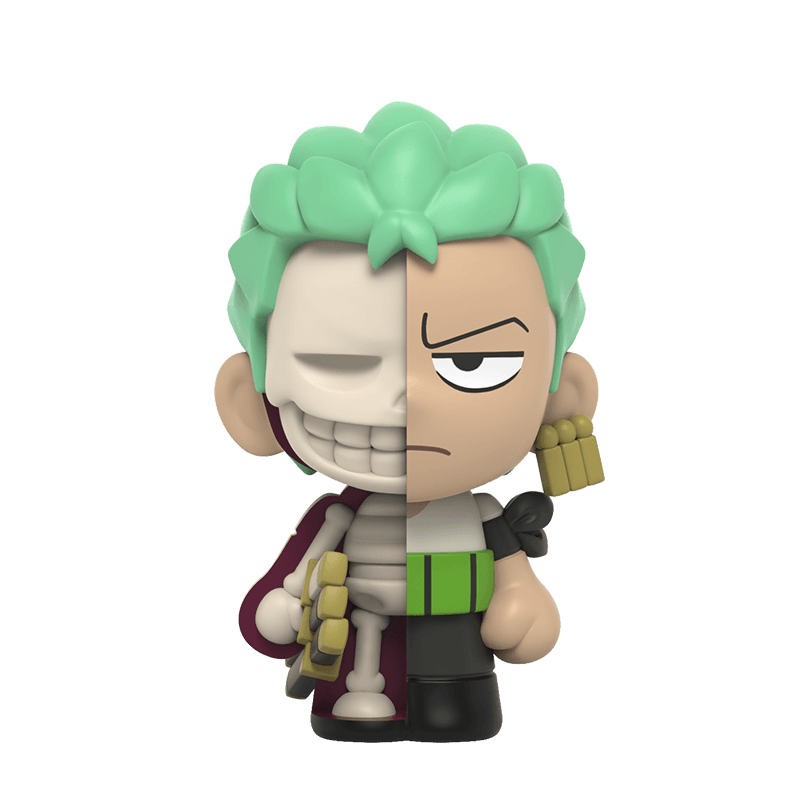 Mighty Jaxx Zoro figure from One Piece with a half-skeleton, half-skin dissection.