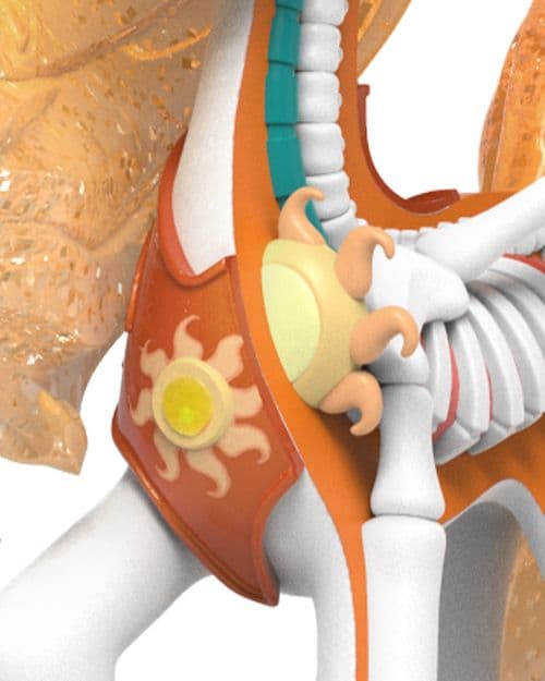 Close-up of Daybreaker showing dissected ribs, sun emblem and metallic flame details from the XXRAY+ anatomical design.