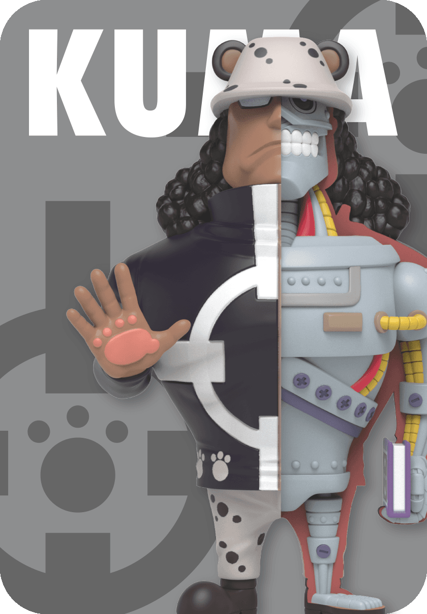 Bartolomew Kuma from One Piece figure, half skeletal, standing with one arm reaching forward and the other by his side.